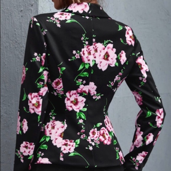 BLACK FLORAL PRINT SHAWL COLLAR BLAZER JACKET - Picture 4 of 13